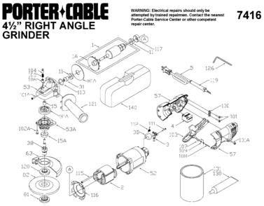 Default Diagram and Parts List for J-7416 Type 1 Porter Cable Grinder